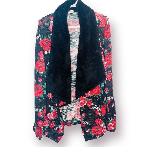 Self Esteem Girls Floral Shawl Cardigan Sweater Black Faux Fur Collar Red M - Picture 1 of 10